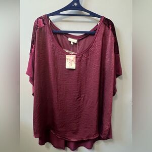 Belle Du Jour Burgundy Velvet Trim Hi-Low Blouse NWT 3X